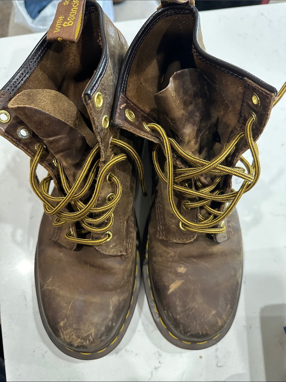 Dr. Martens Brown Leather Lace-Up Boots with Yellow Laces